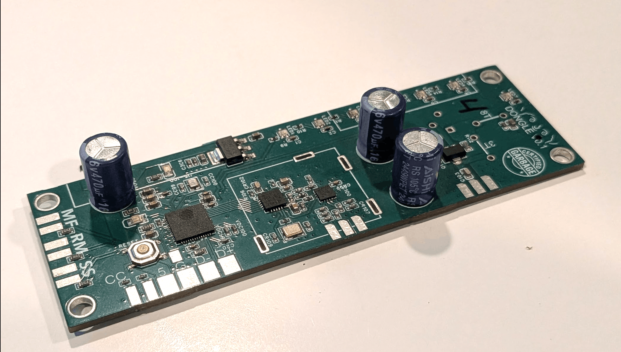 The bare dongle PCB showing the USB-C connector, RF section, and supporting passives