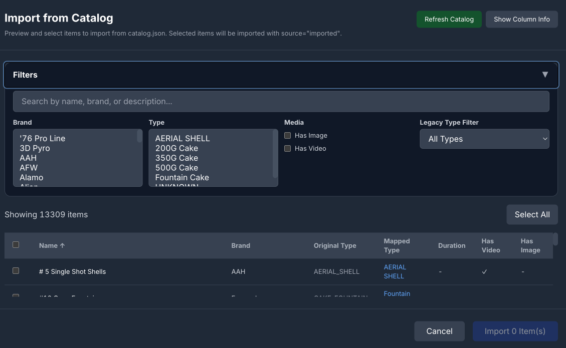 Cloud catalog import browser showing searchable shell entries and import controls