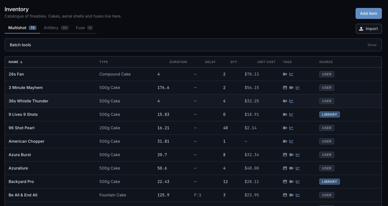Main inventory table with item type, quantity, cost, tags, and import controls