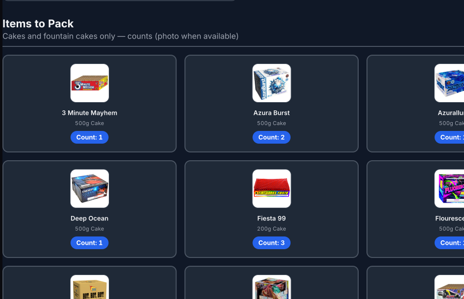 Loadout pick list view showing items to pack with per-item counts and thumbnail photos