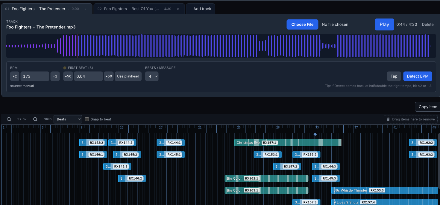 Audio waveform with beat detection controls and cues placed on a synchronized show timeline