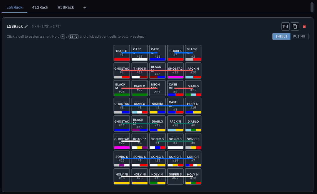 Rack editor grid with assigned shells and per-shot color bars used for fusing and timing