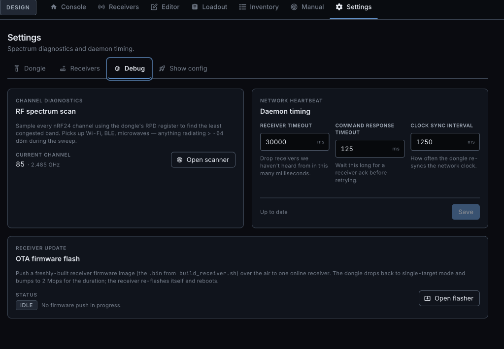Settings diagnostics panel with RF scan, daemon timing, and OTA firmware status for troubleshooting receivers