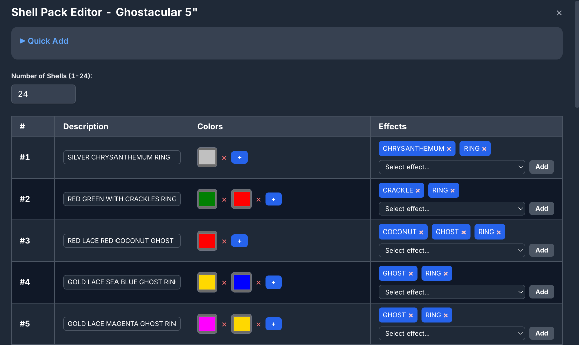 Shell Pack Editor with per-shell rows, color tags, and effect chips for imported shell definitions
