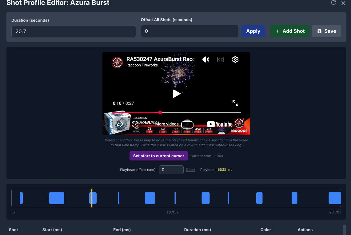 Shot Profile Editor with a YouTube reference and detected shot markers along the timeline