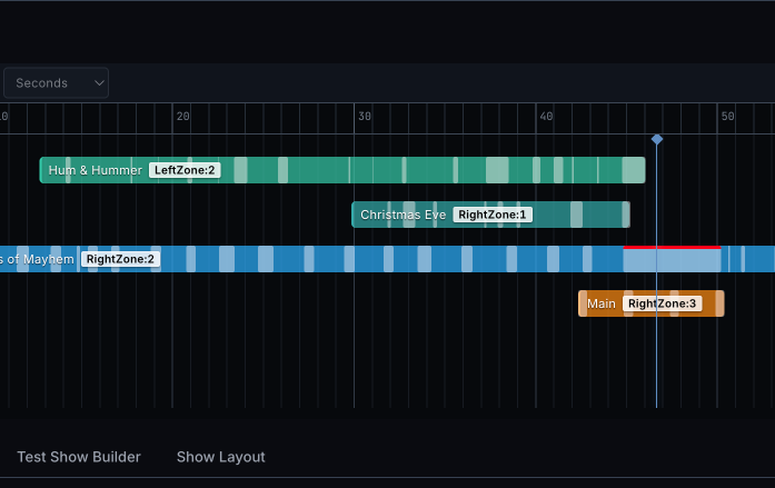 Live show timeline view with pieces arranged by zone and aligned to a time grid