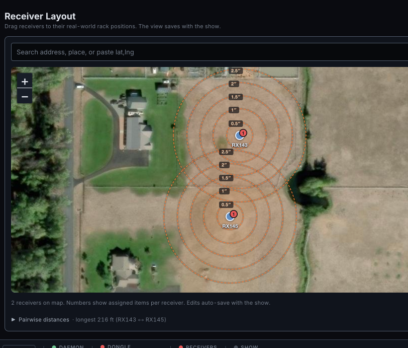 Satellite field layout with receiver markers and overlaid safety-distance rings by bore size